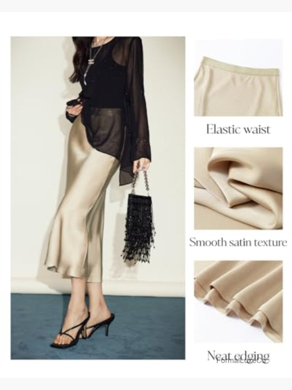 High Waist Flowy A-Line Midi Skirt, Satin, Pull On, Lightweight - Picture 4 of 7